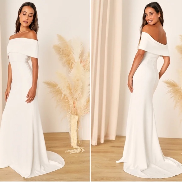 LULUS Bridal Wedding Chic Minimalist Mermaid Trumpet Off the Shoulder Gown - Picture 3 of 5